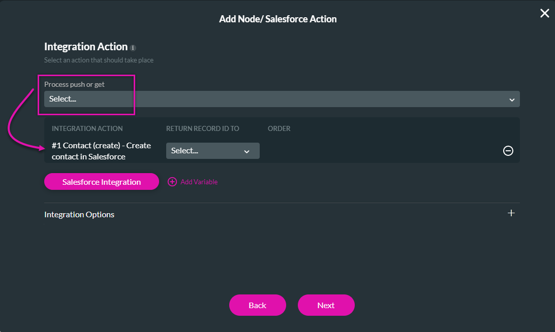 Add node/salesforce action with selected node displayed 