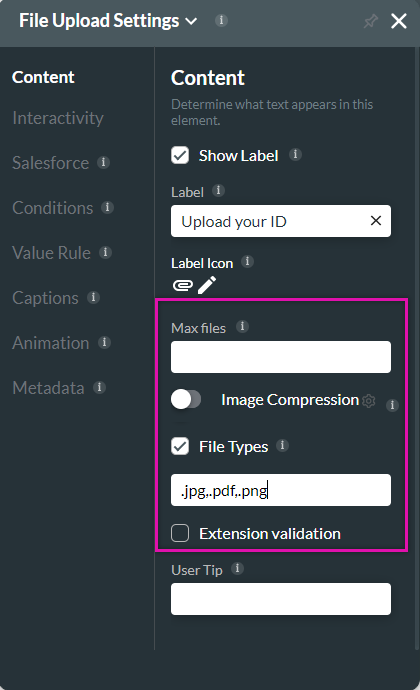 Screenshot of the file upload settings content tab 