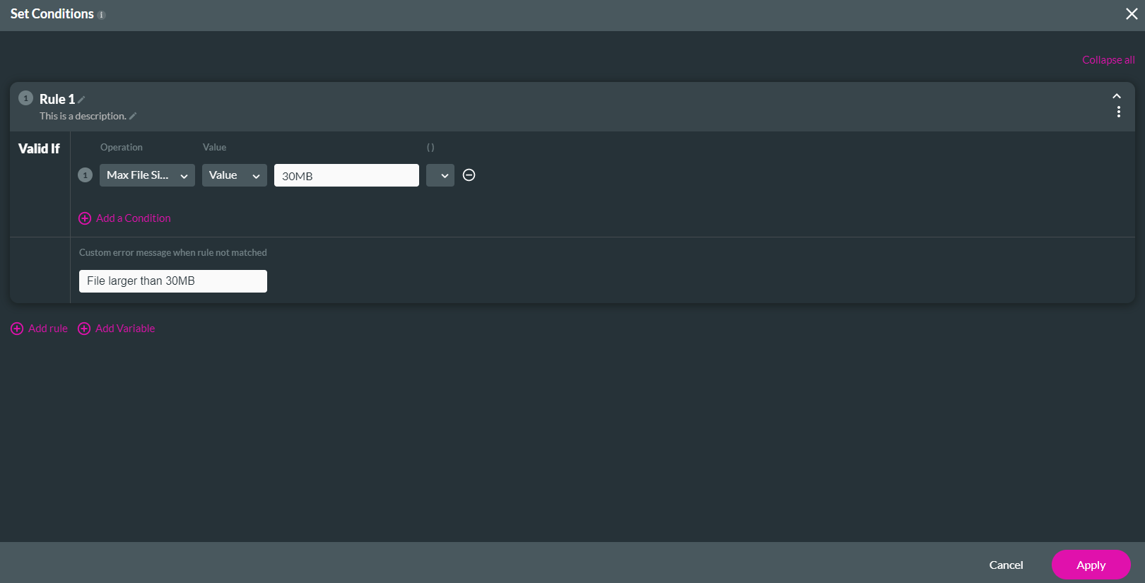 Set conditions for a value rule 