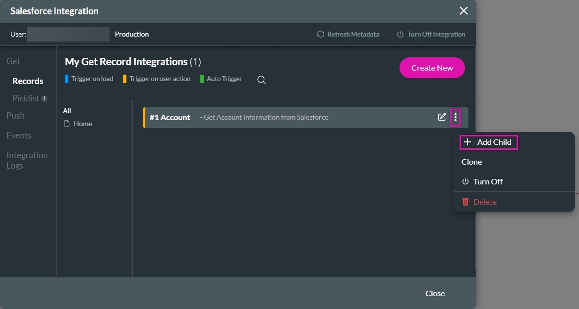 Salesforce Integration window showing the kebab menu for a push 