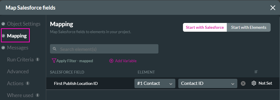 Mapping tab of map salesforce fields displaying the auto mapped contact 