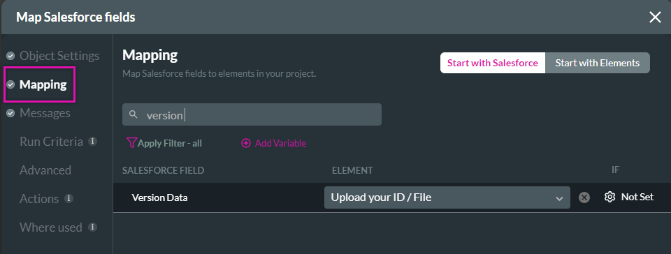 Map salesforce fields mapping tab with version data highlighted 