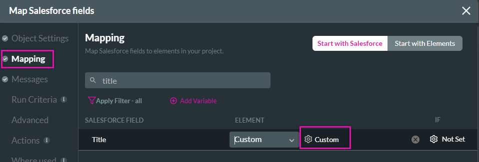 Mapping tab of Map salesforce fields with custom title option displayed 