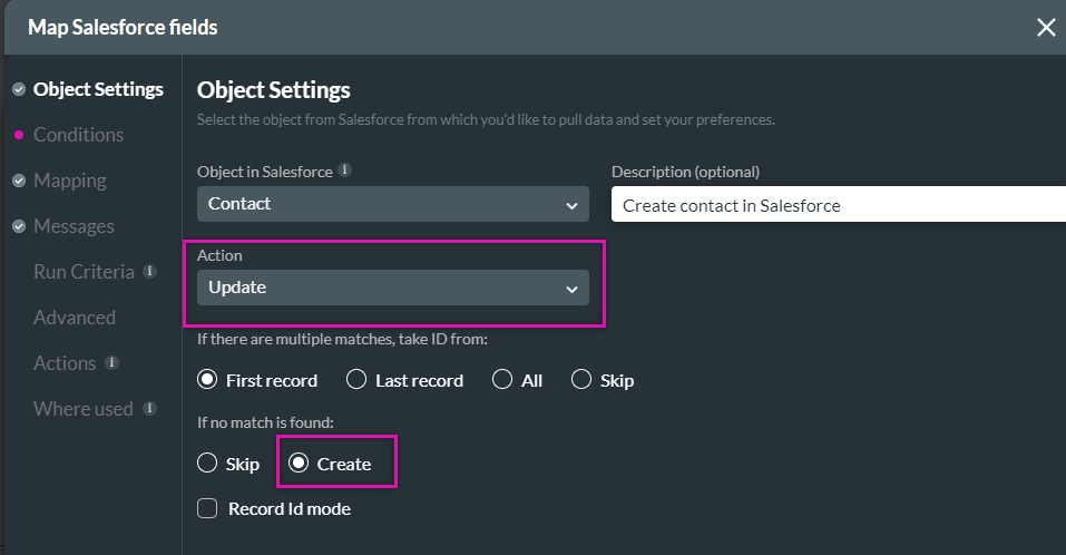 Map salesforce fields screen with object settings options 