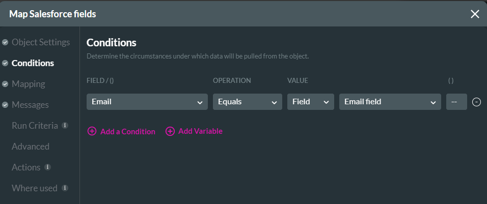 Map salesforce fields screen with condition options 