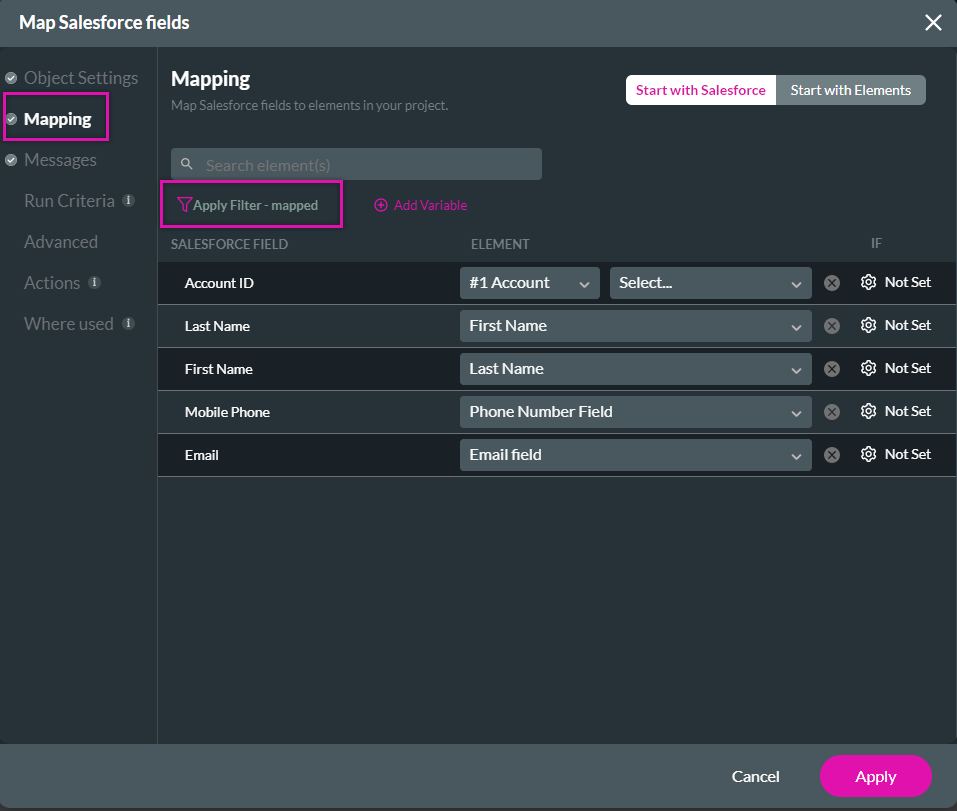 Screenshot of the Map salesforce fields showing the filtered mapping fields 