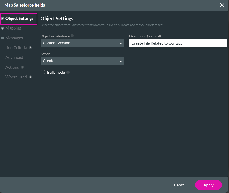 Screenshot of the object settings tab for Map Salesforce fields 