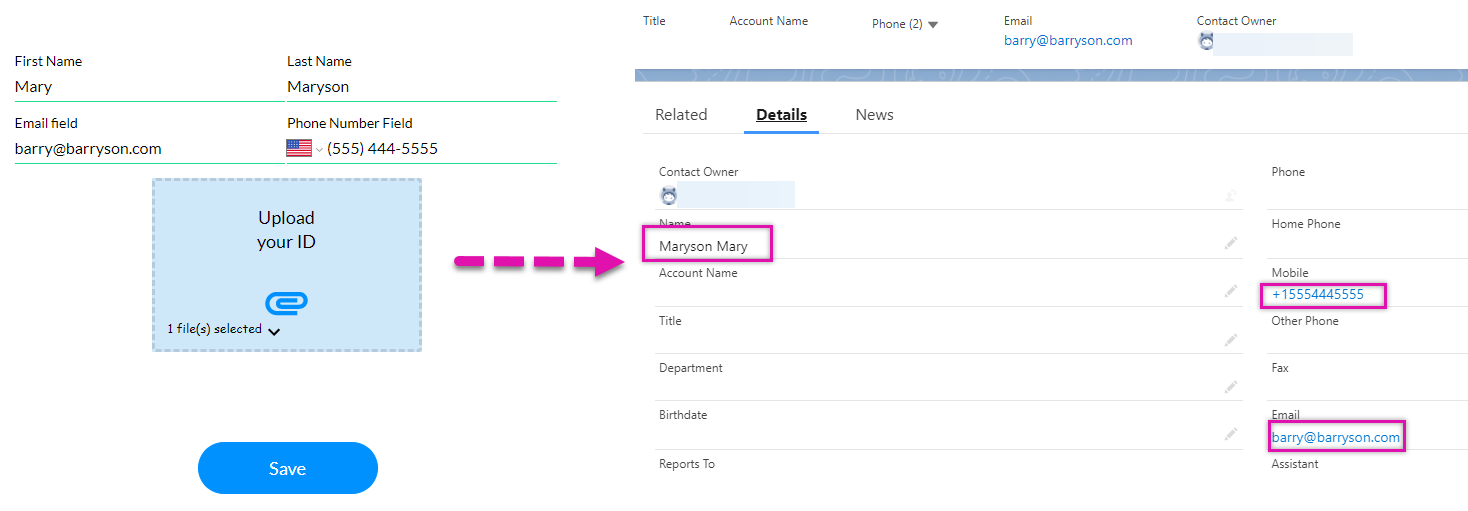 Example of how data is captured if the email address already exists in salesforce 