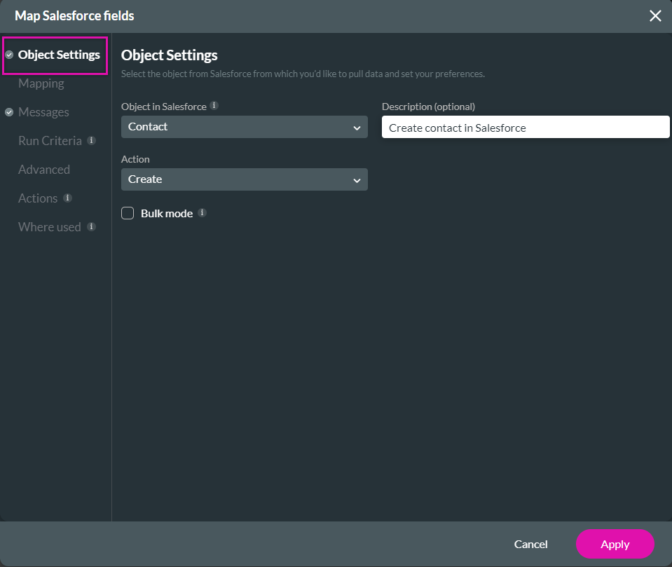 Screenshot of the Map salesforce fields showing the object settings tab 