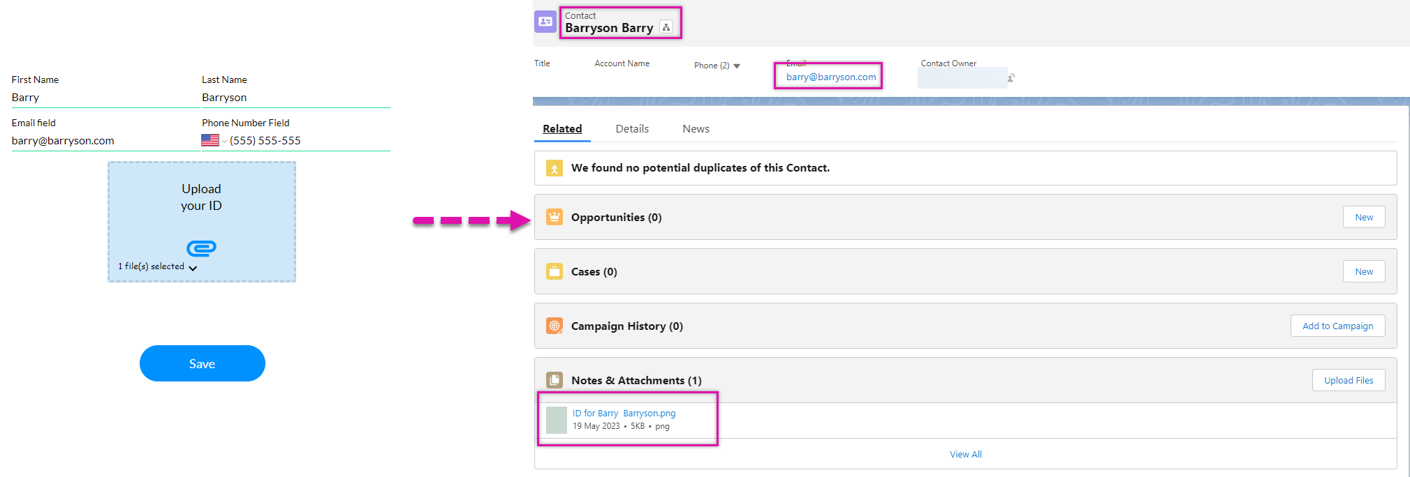 Screenshot showing how data captured created a new contact in salesforce. 