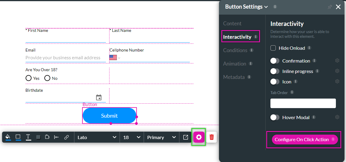 Screenshot of the button element setting menu displaying the interactivity tab 