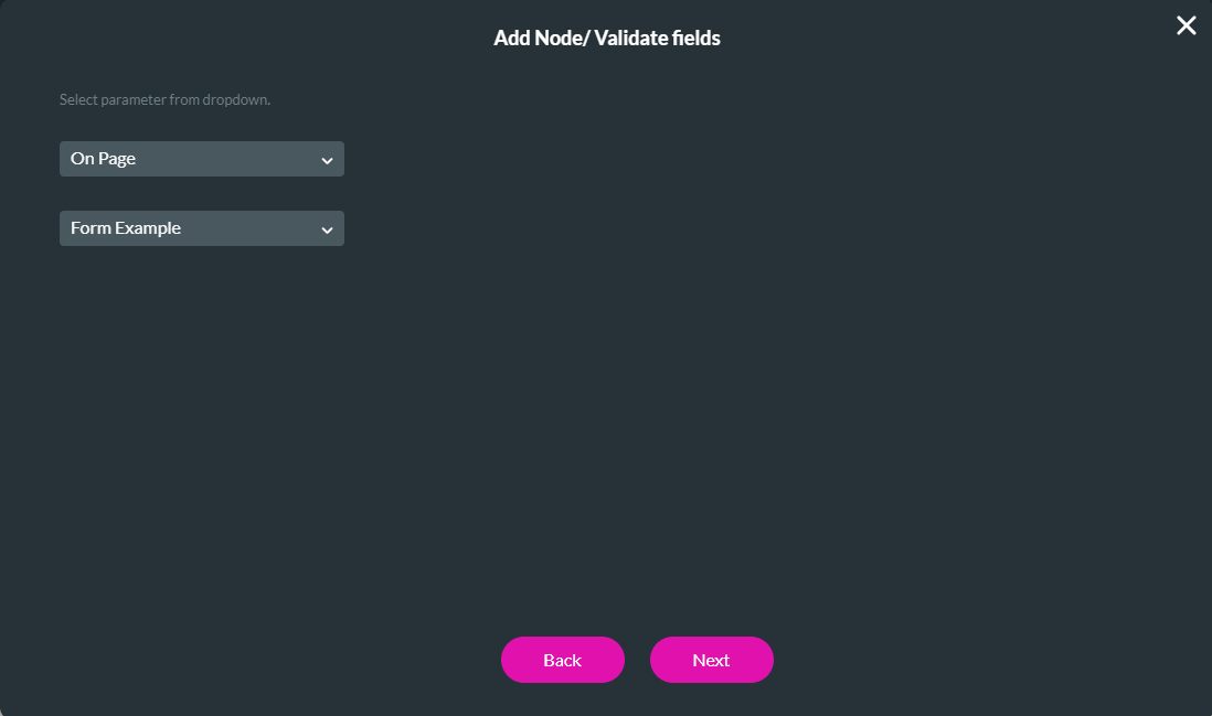 Screenshot showing configuration for the add node / validate fields window 