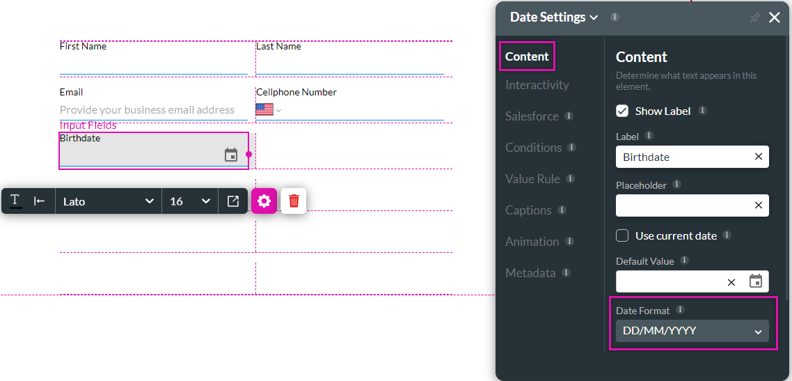 Date element settings menu showing the content tab date formatting 