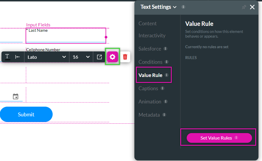 Screenshot of the text settings menu showing the value rule tab 