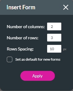 Insert form configuration screen 