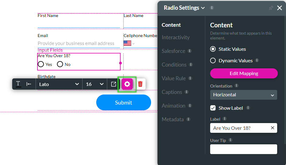 Radio element settings menu showing the conditions tab 