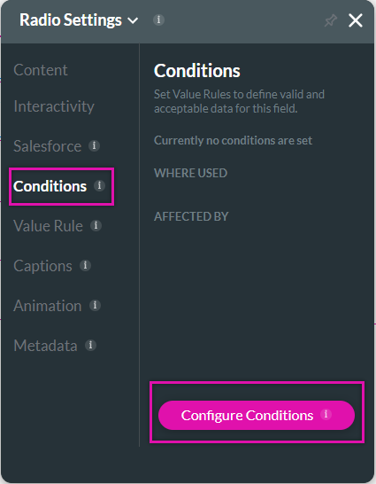 Radio settings configure conditions tab 