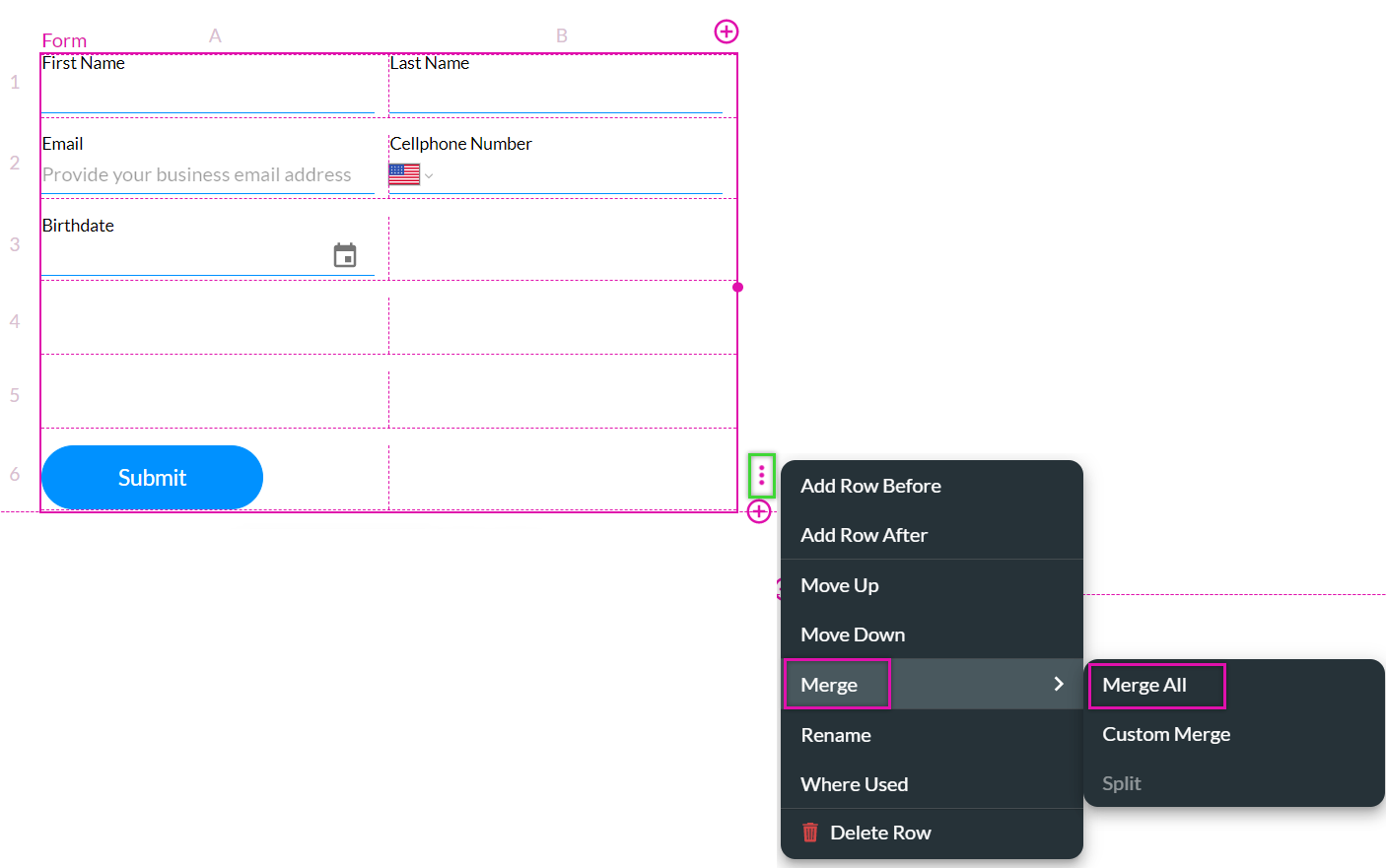 Screenshot showing how to merge rows using the row menu 