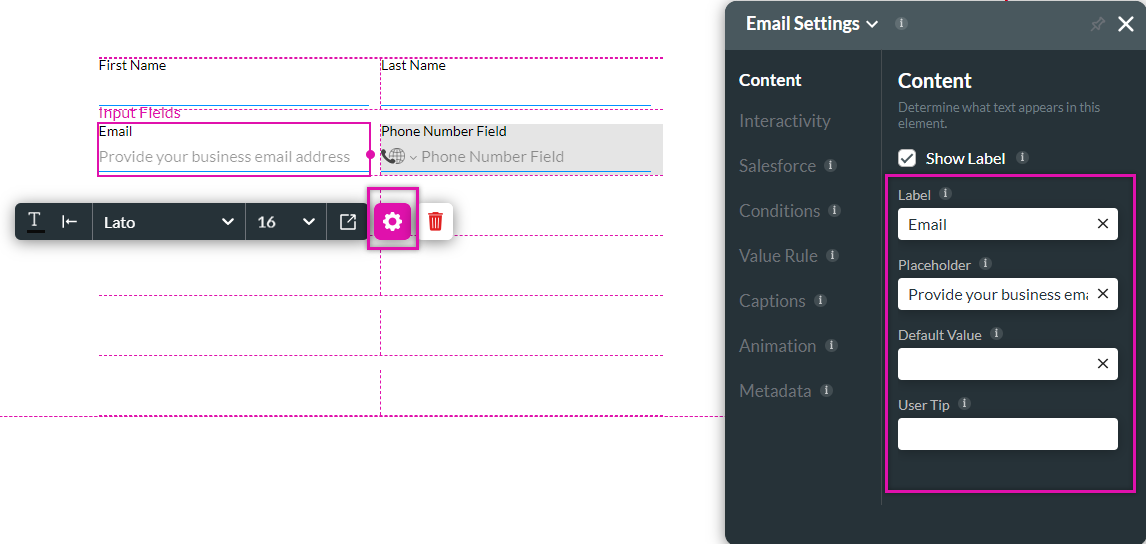 Email element settings screen showing the content tab 