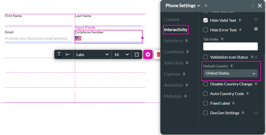 Phone number element settings showing the interactivity tab displaying how to set the default country 