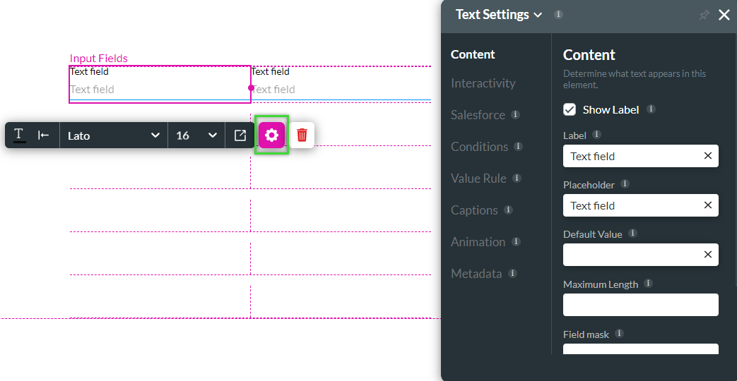 Text element settings menu showing the content tab 