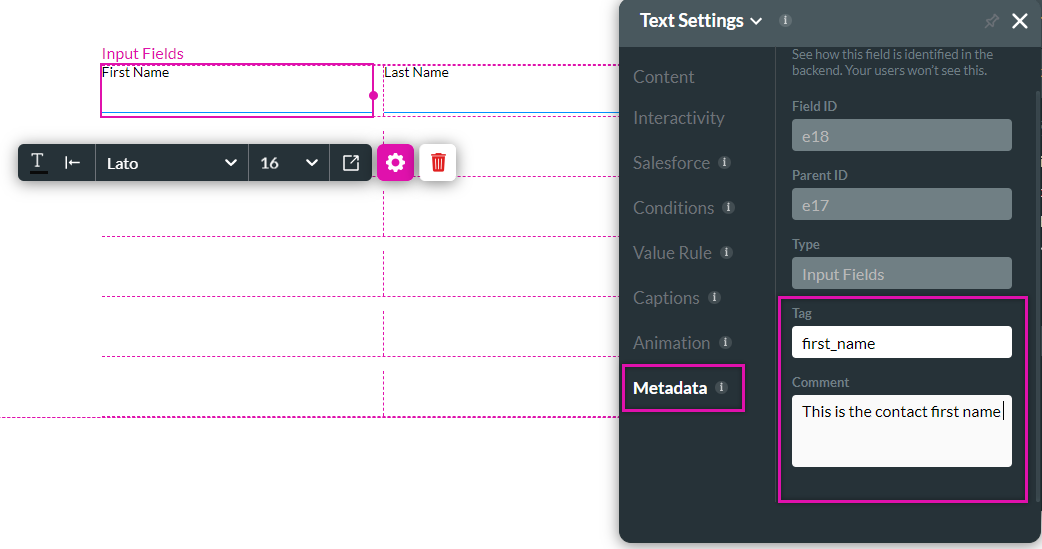 Text element settings menu showing the metadata tab 