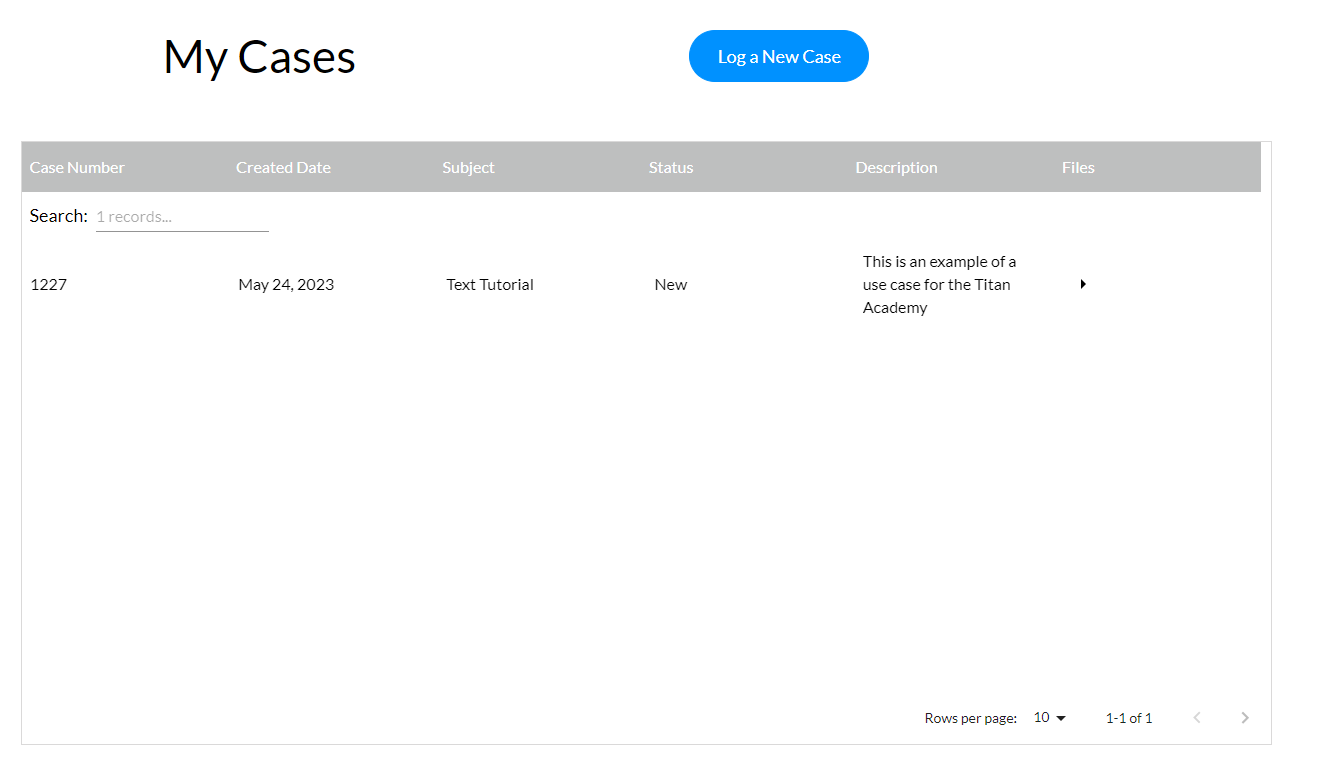 Screenshot showing example of my cases logged screen 