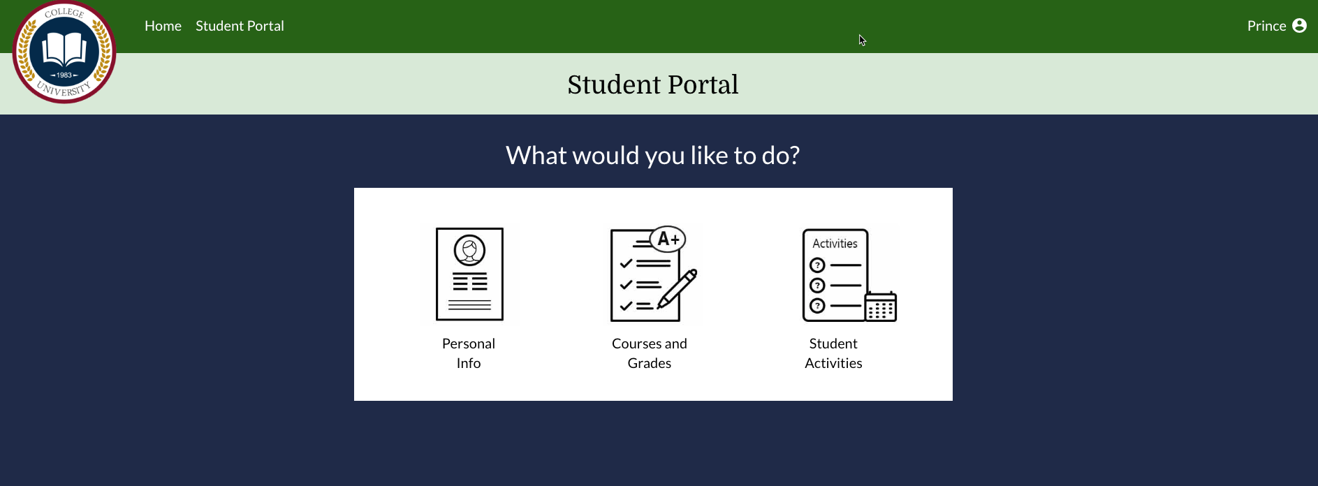 example of a student portal screen after the student has logged in