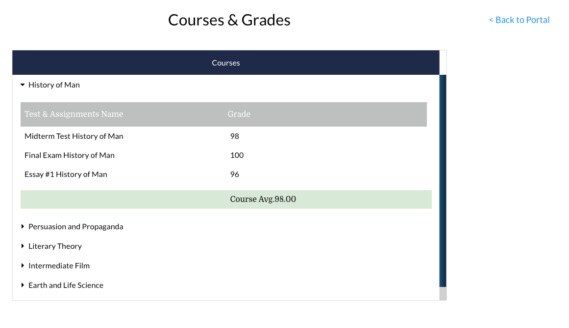 example screen of student courses 