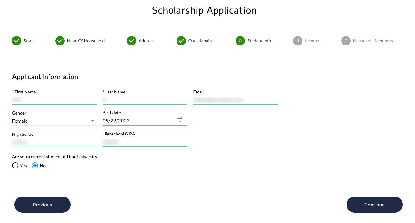 example of student info fields 