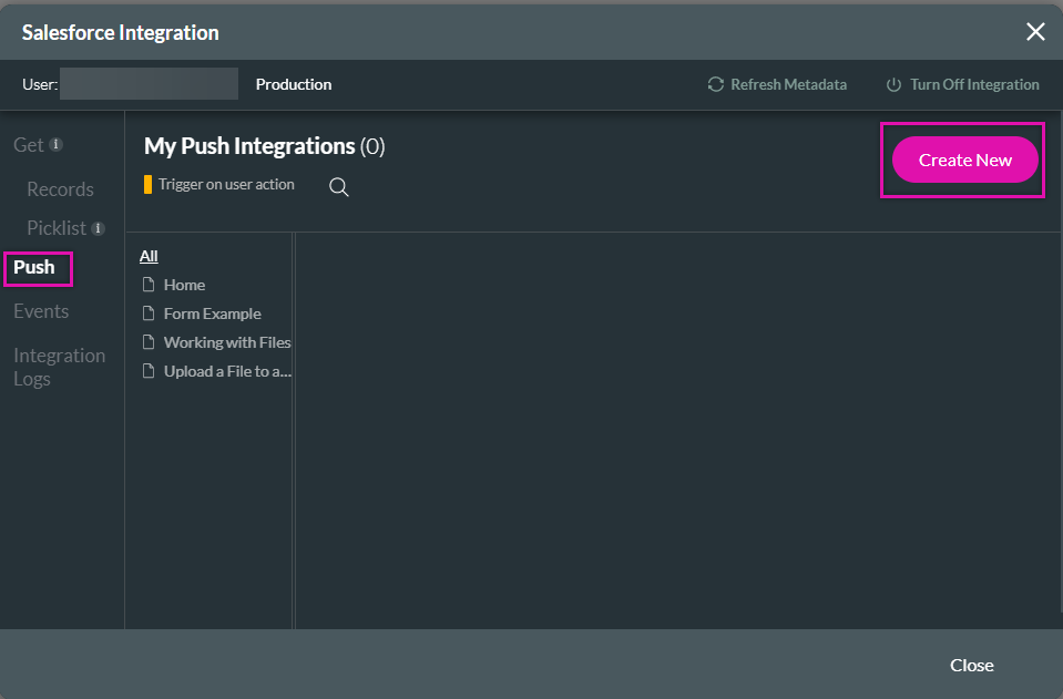 Screenshot of the Salesforce Integration window 