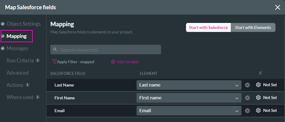 Screenshot of the Map Salesforce fields window displaying the Mapping tab 