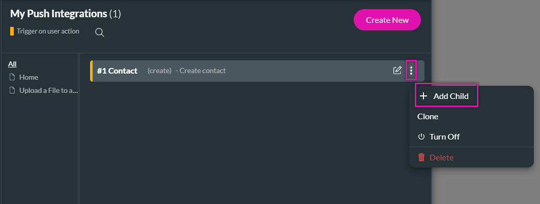 Screenshot of My Push Integrations window showing how to create a child push 