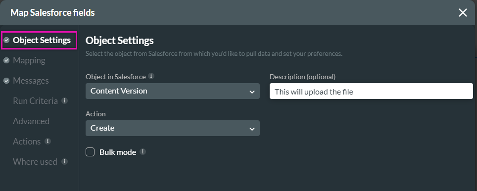 Screenshot of the Map Salesforce fields window displaying the Object Settings tab 