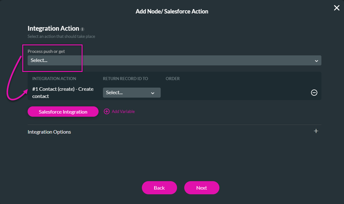 Screenshot of Add Node Salesforce Action window showing how to select a configured push 