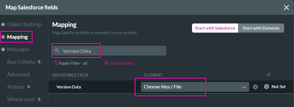 Screenshot of the Map Salesforce fields window showing the mapping tab displaying the Version data mapping 