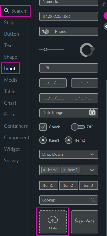 Screenshot of the element settings menu showing the file upload element 