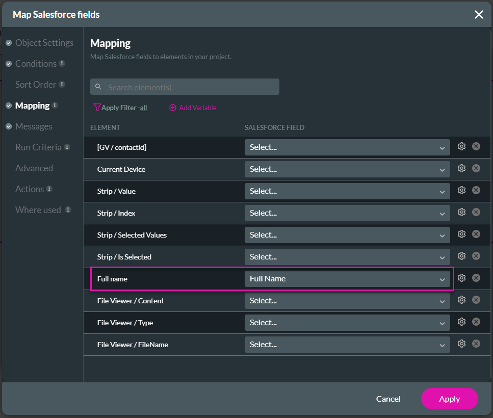 Screenshot of Map Salesforce Fields window showing Mapping tab 