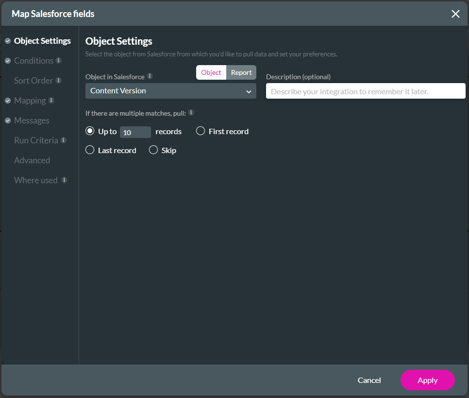 Screenshot of Map Salesforce Fields window showing Object Settings tab 