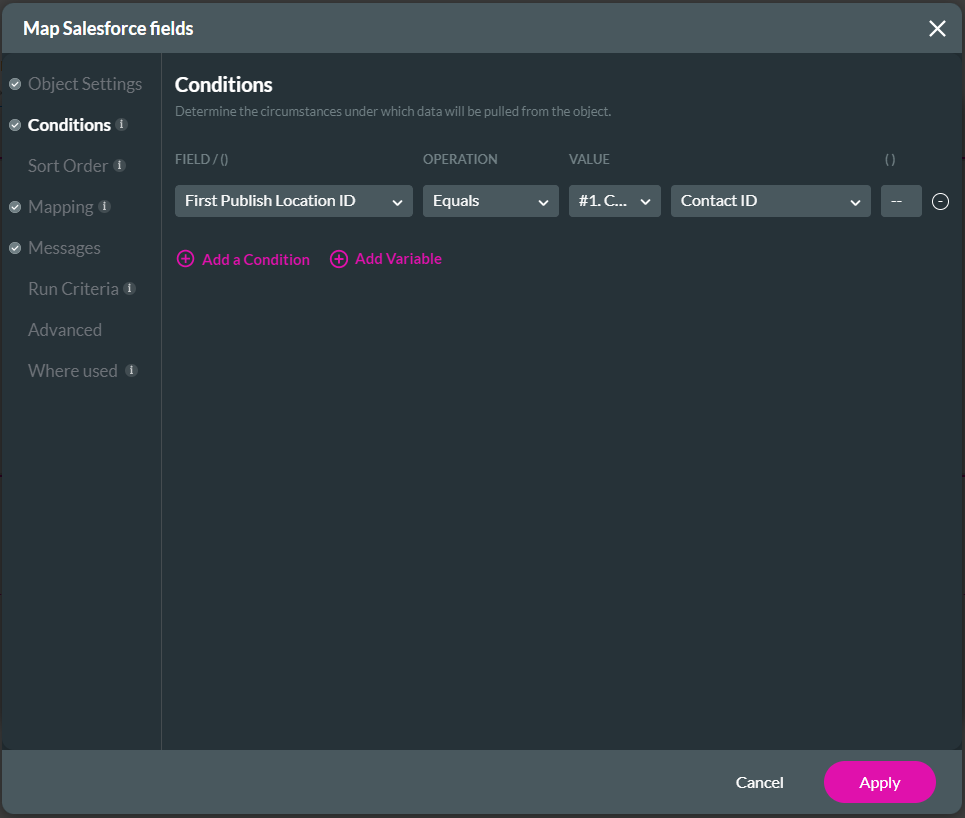 Screenshot of Map Salesforce Fields window showing Conditions tab 