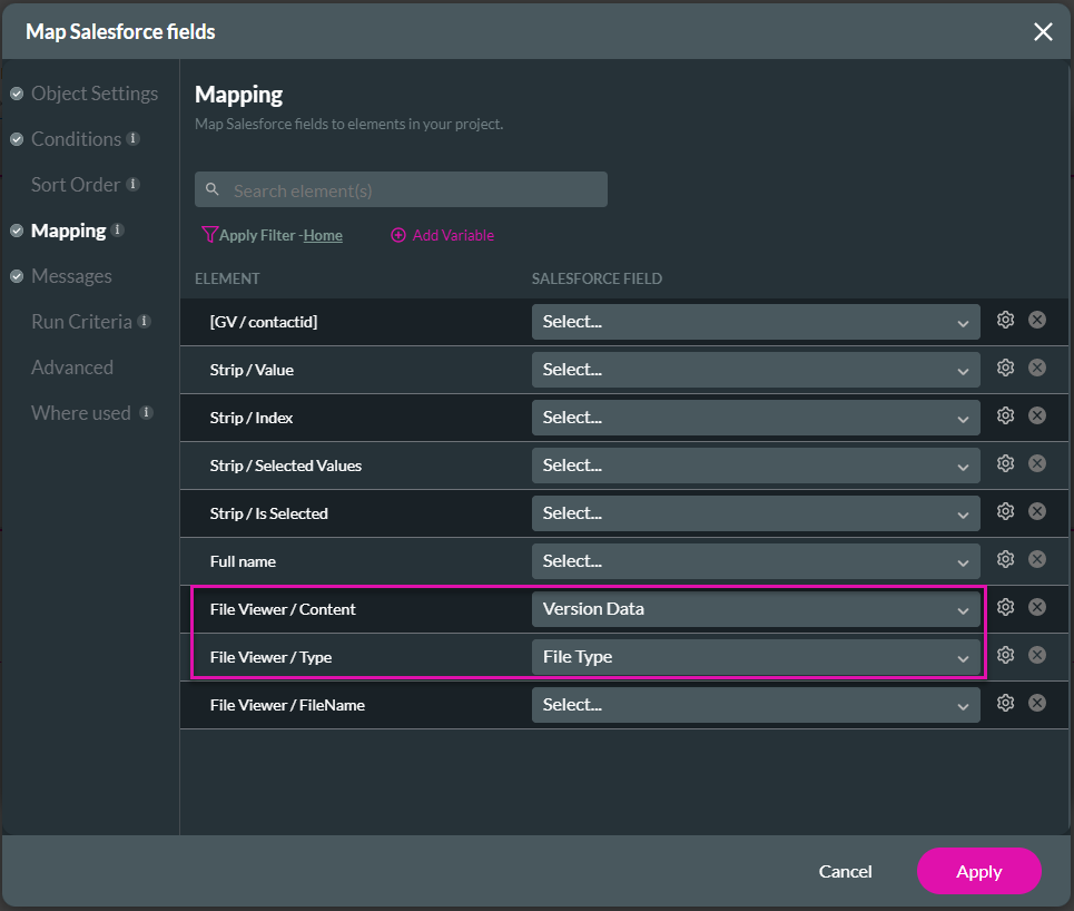 Screenshot of Map Salesforce Fields window showing Mapping tab 