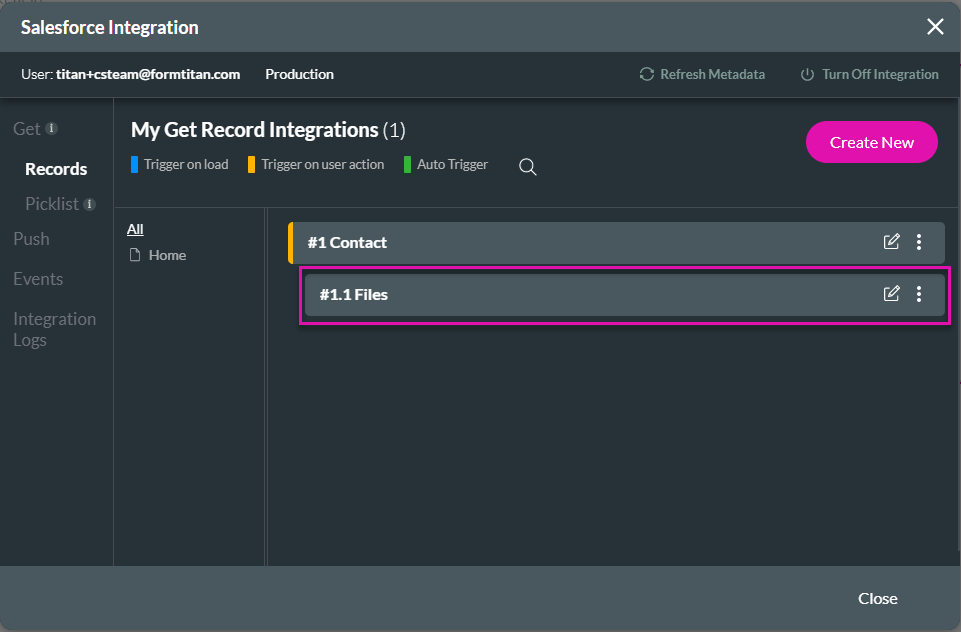 Screenshot of Salesforce Integration window showing nested child push