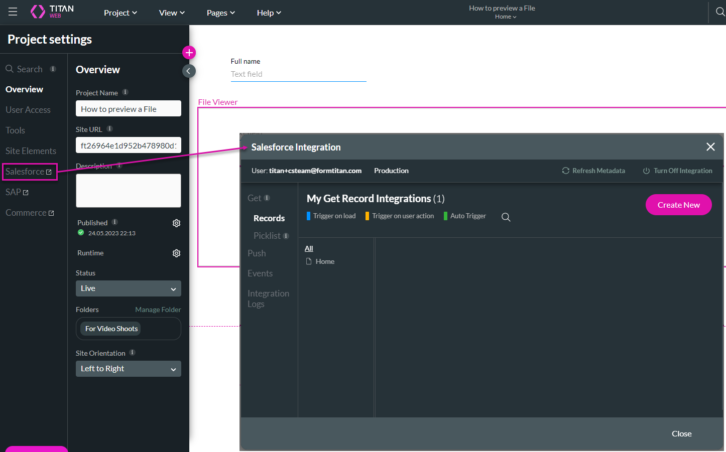 Screenshot showing how to navigate to the Salesforce Integration window 