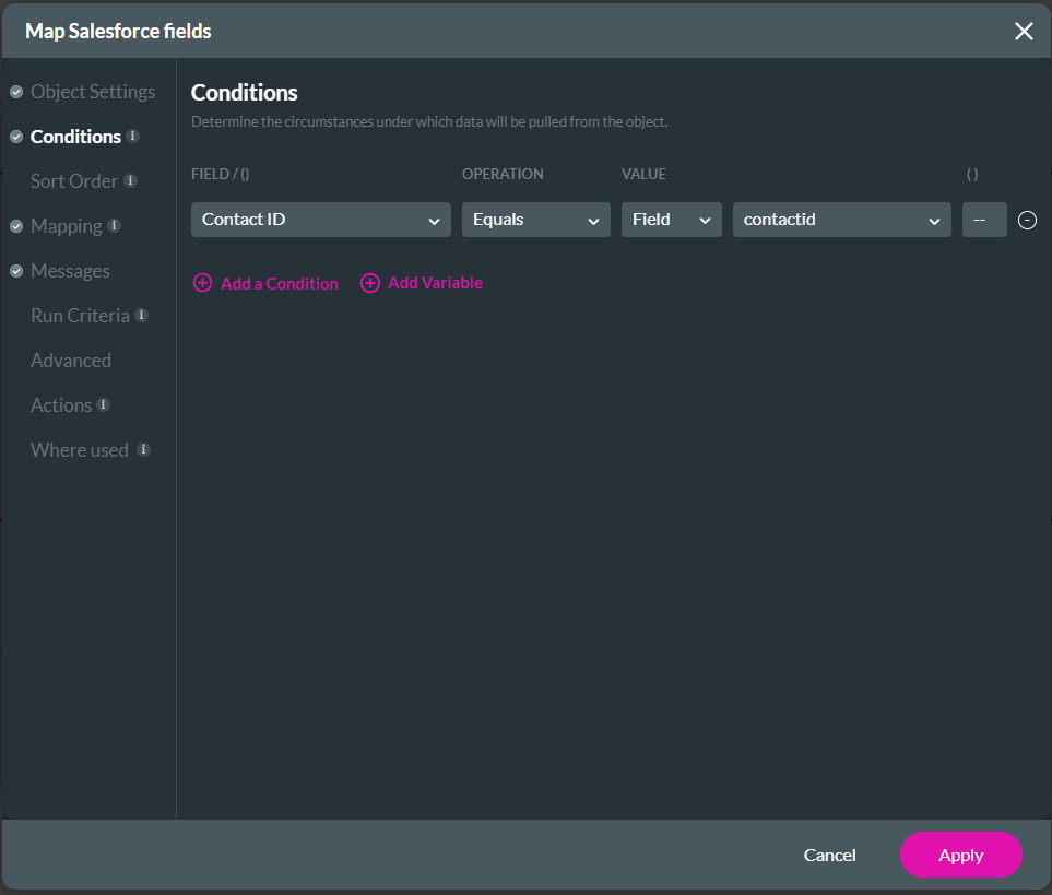 Screenshot of Map Salesforce Fields window showing Conditions tab 