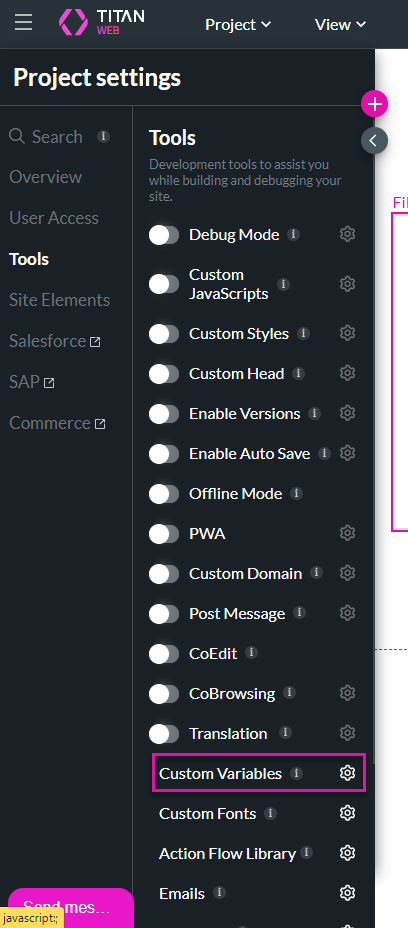 Screenshot of Titan project settings menu showing the tools tab 