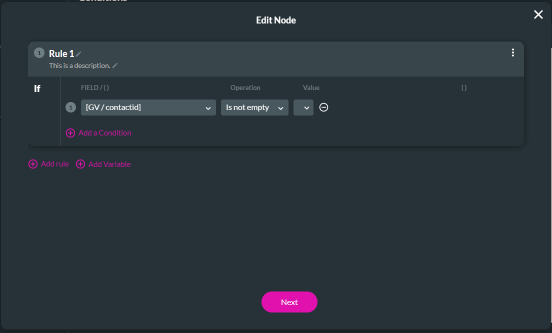 Screenshot of the Edit Node window showing how to configure the condition rule 