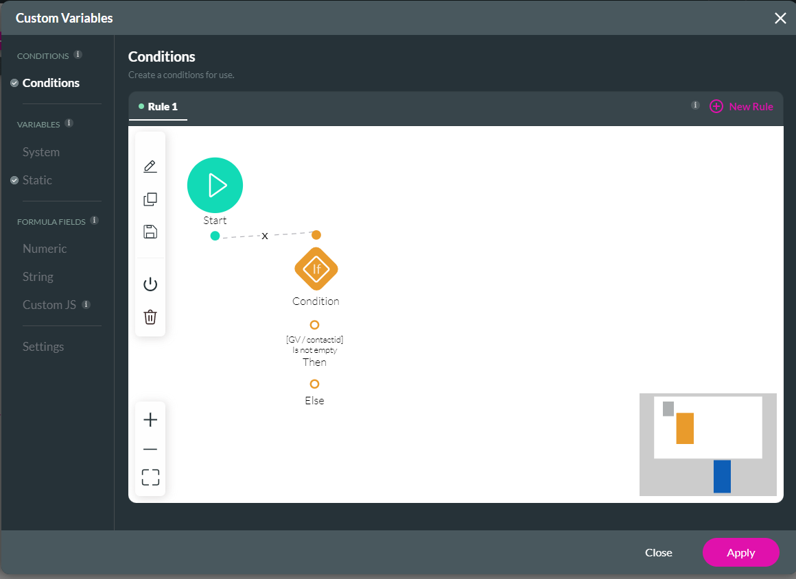 Screenshot of the Custom Variables window showing the condition tab 