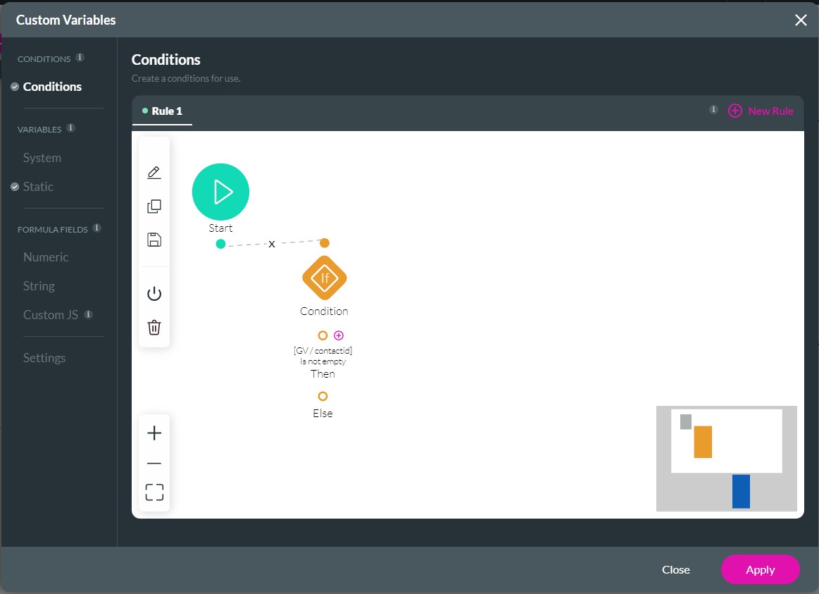 Screenshot of custom variables window showing the conditions tab 