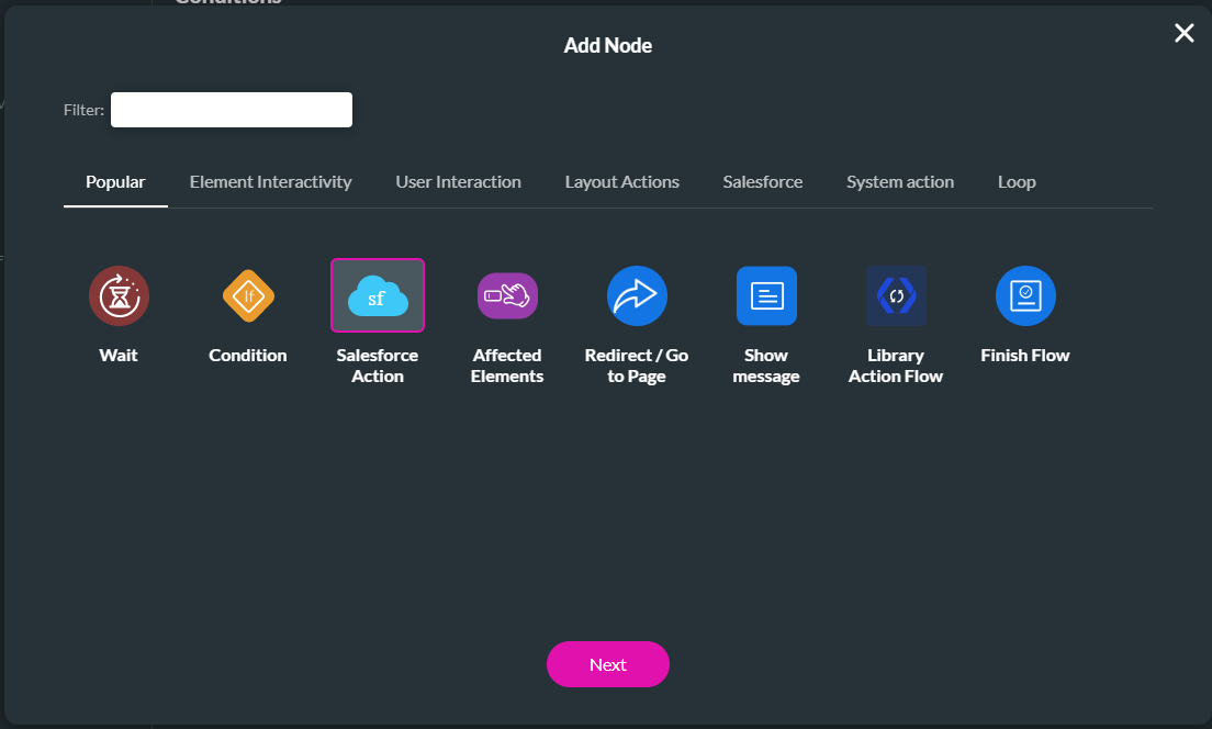 Screenshot of the Add Node window showing the selected Salesforce Action node 