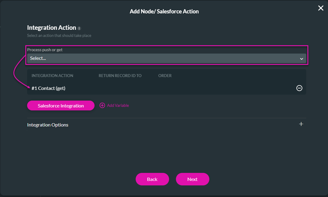 Screenshot of the Add Node Salesforce Action window showing the integration action selected 